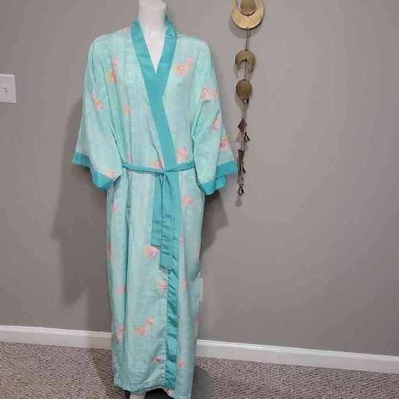 Contessa Di Roma Vintage Tiffany Blue w Pink Roses Tie Front House Robe Size XL - Picture 5 of 10